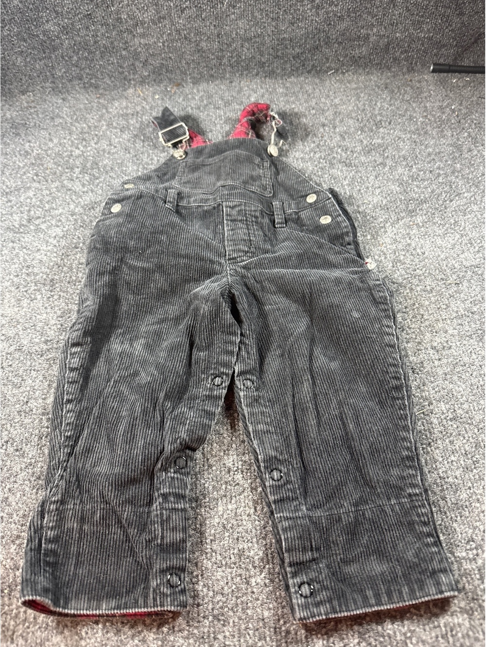 KRU Baby 12M Gray Corduroy Overalls Snowman Plaid Lined Bib Pants